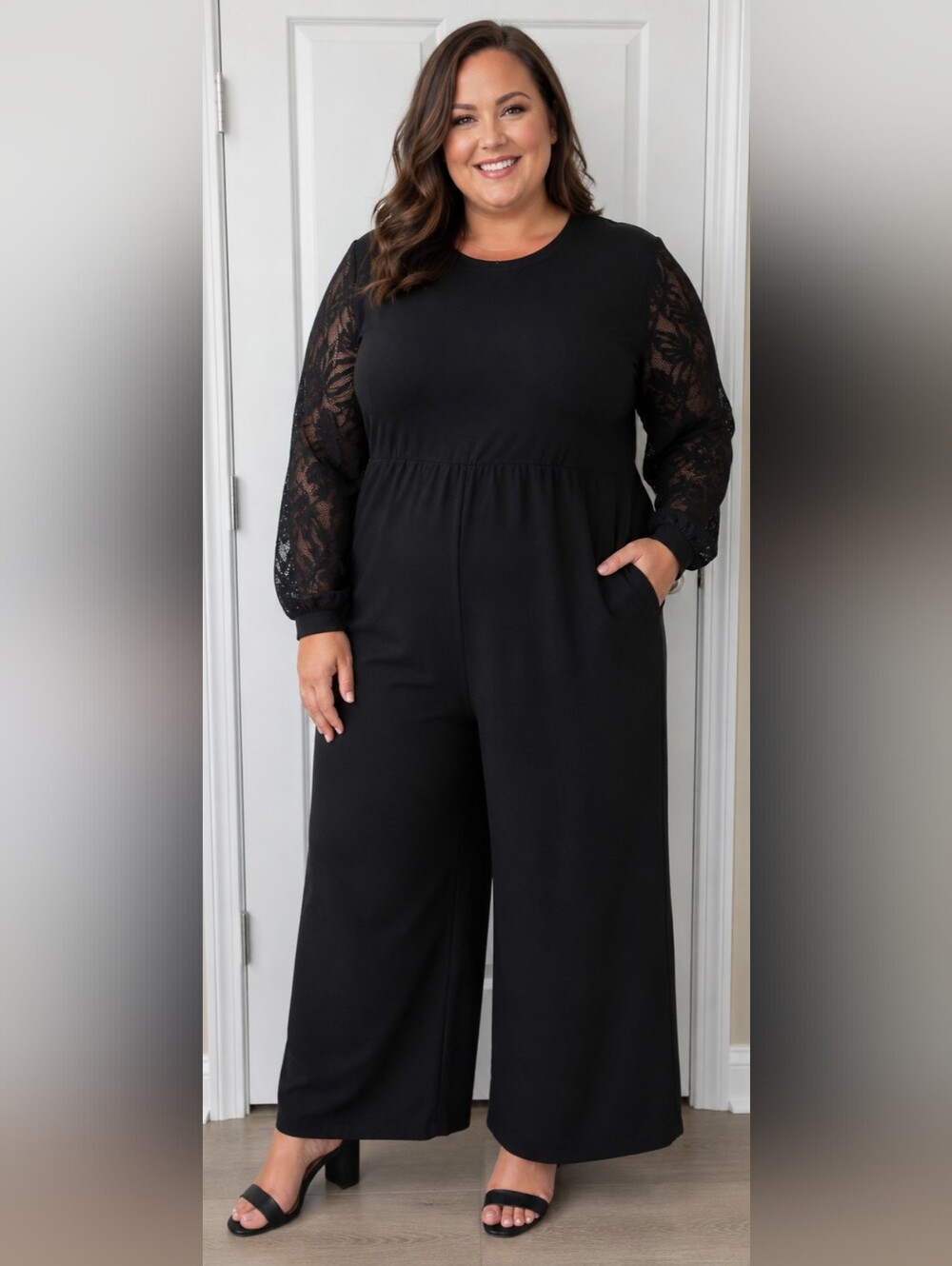 BloomChic Black Lace-Sleeve Wide-Leg Jumpsuit